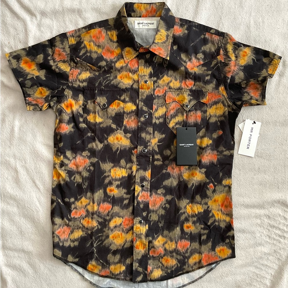 Saint-Laurent Paris Floral Black Orange Snap Button Shirt M